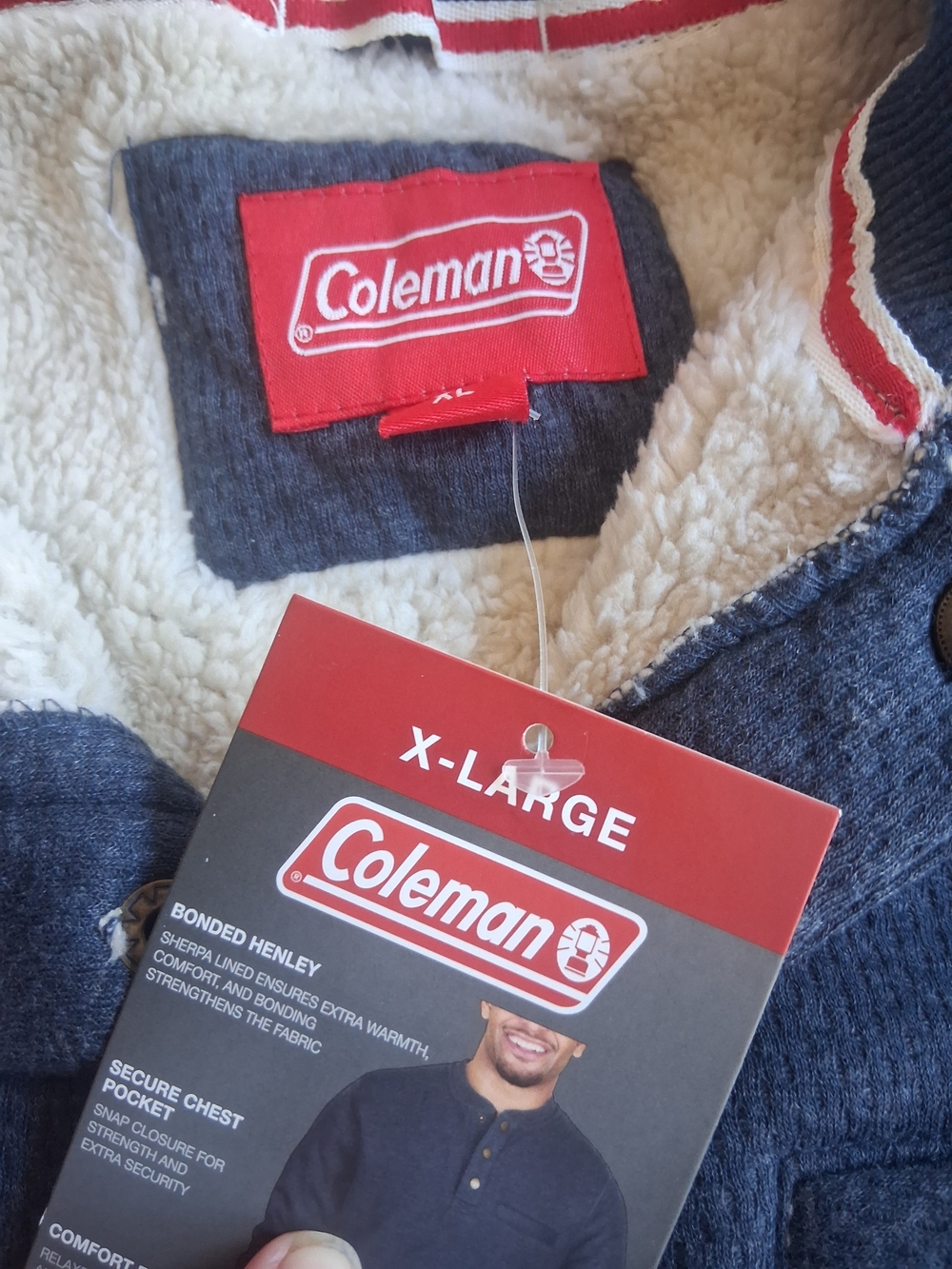 NWT Coleman Mens Navy Knit Sherpa-Lined Henley Jacket with Cream Lining Size XL